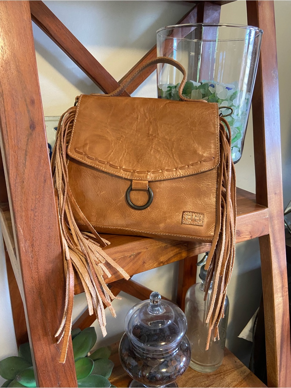 NWT Bed Stu Hidden Leather Fringe Crossbody Shoulder Handbag Tan Distressed